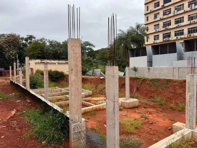 Terreno de construcción con pilares de concreto y vegetación baja, imagen nublada, sin personas visibles.