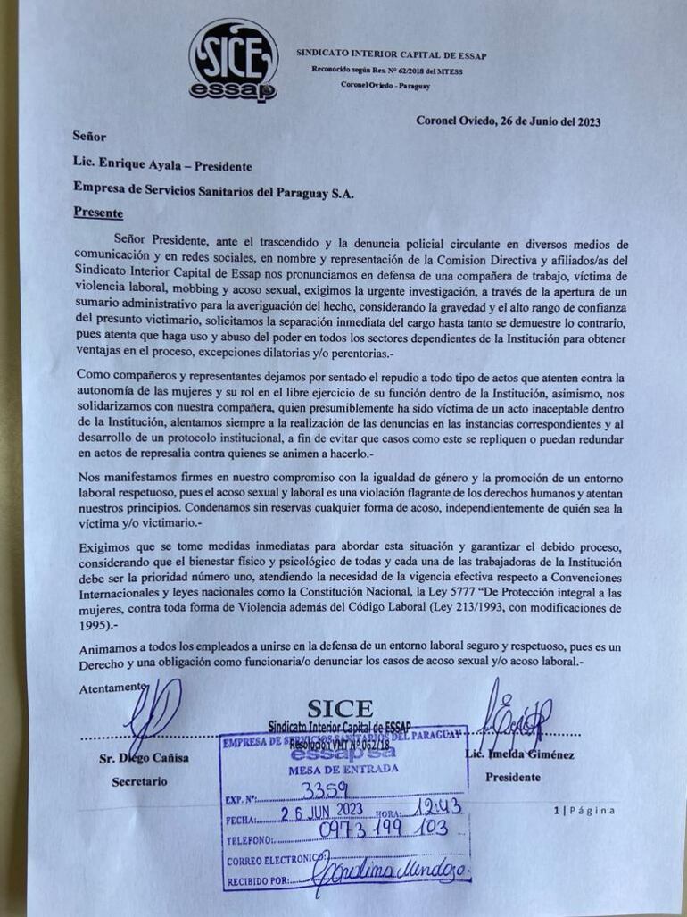 Nota del SICE remitida al presidente de la Essap, Enrique Ayala.