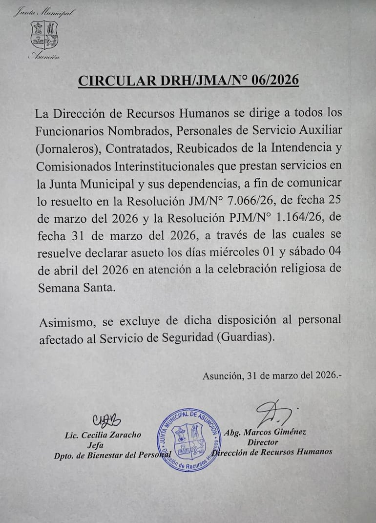 Circular por la que la Dirección de Recursos Humanos de la Junta Municipal de Asunción comunica el asueto de mañana miércoles 1 de abril.