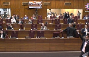Mauricio Fabían Espínola Núñez gesticula en un recinto legislativo, mientras otros asistentes lo observan con atención en un ambiente dinámico.
