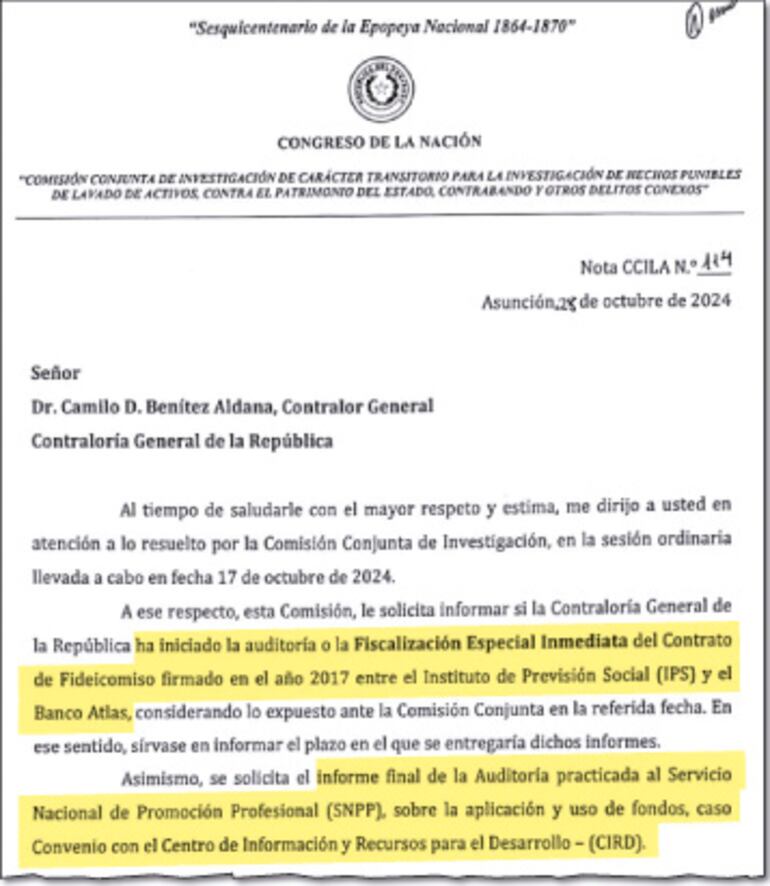 El documento firmado por el senador Dionisio Amarilla pidiendo los informes.