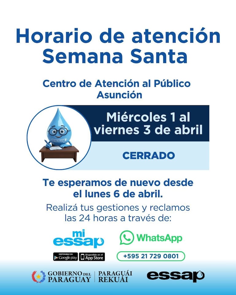 Horario de Atención al Público de la Essap en Asunción durante la Semana Santa.