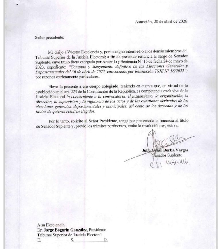 Nota de renuncia de Julio Borba.