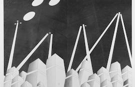 Estructuras geométricas en blanco y negro crean un ambiente abstracto y moderno, sin figuras humanas presentes.