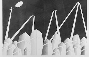 Estructuras geométricas en blanco y negro crean un ambiente abstracto y moderno, sin figuras humanas presentes.