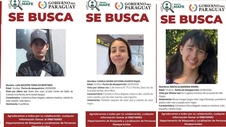 Cartel busca a Luis Agustín Torales Martínez, Camila María Victoria Duarte Rojas y Rocío Alejandra Morel, con fotografías y detalles de sus desapariciones.