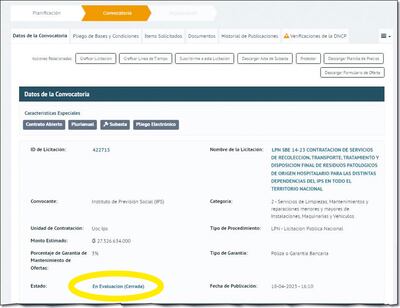 Captura del llamado a licitación con ID 422715 para la contratación del servicio de disposición final de residuos patológicos.