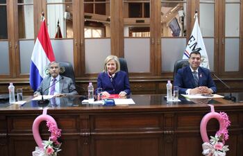 Los miembros del JEM que sesionaron en forma presencial: el ministro de la Corte Suprema de Justicia Manuel Ramírez Candia, la vicepresidenta 1° Alicia Pucheta y el diputado Diego Candia.