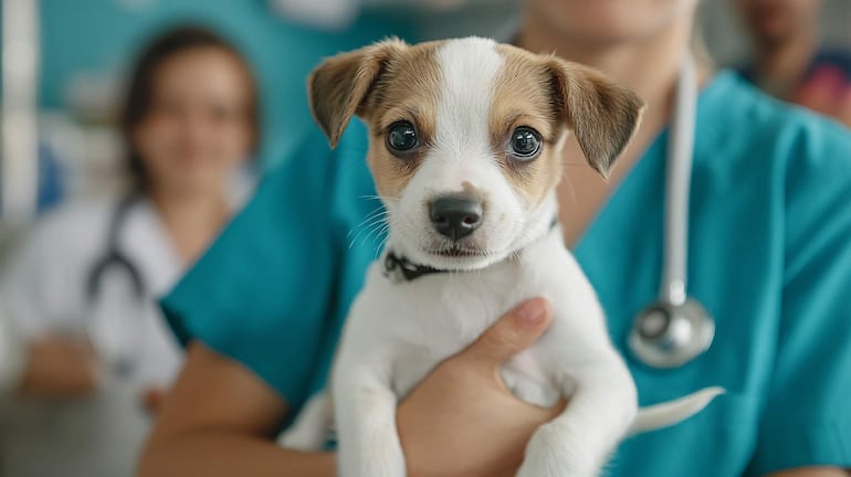 Persona con camiseta verde sostiene un cachorro con pelaje blanco y manchas marrones en clínica veterinaria.