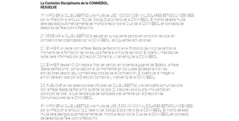 La notificación de la Conmebol sobre la suspensión económica a Libertad por racismo.
