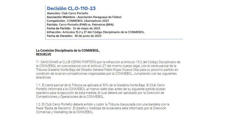 La resolución de la Conmebol sobre la suspensión del cincuenta por ciento de la Gradería Norte Baja de La Nueva Olla.