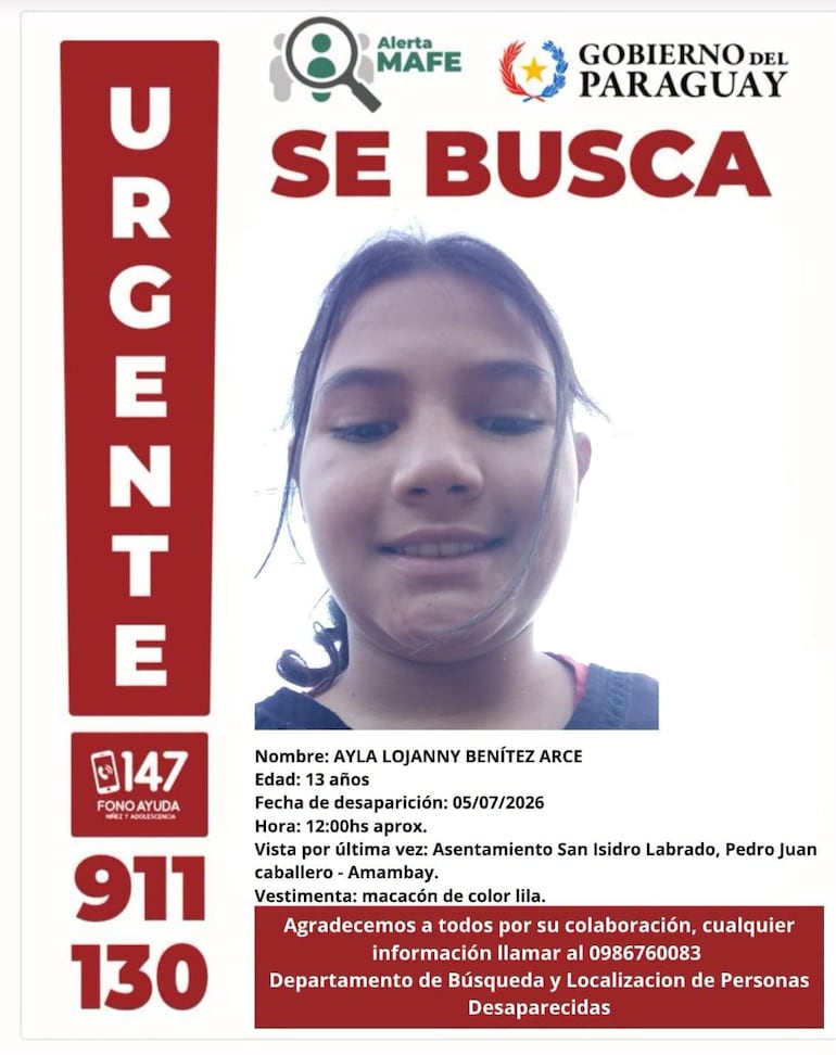 Ayla Lojanny Benítez Arce (13) se encuentra con paradero desconocido.