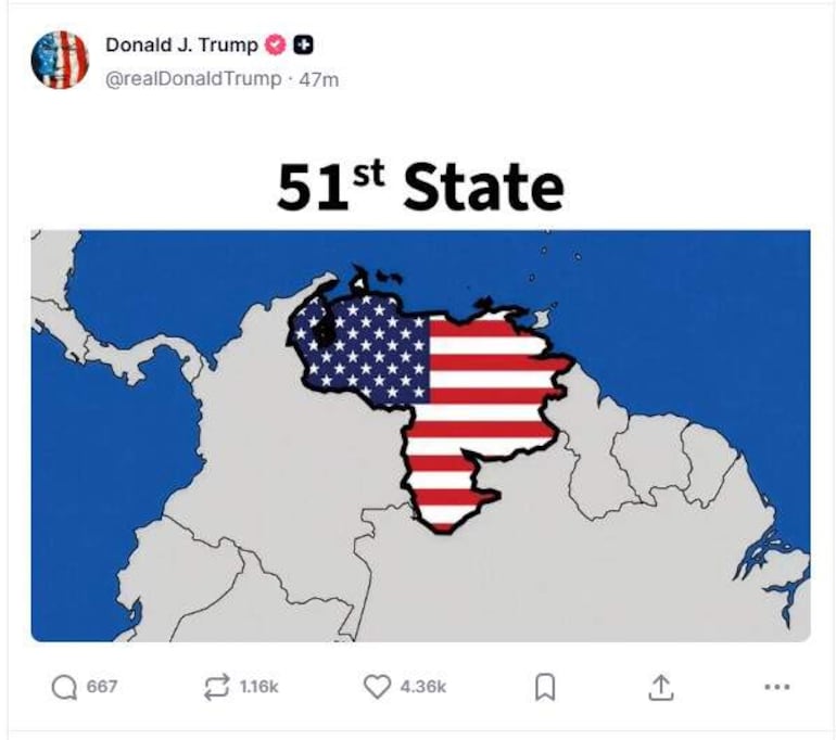 Trump publica en su red social imagen de Venezuela como el estado número 51 de EE.UU.