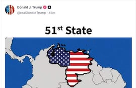 Imagen difundida este martes en la cuenta de Truth Social @realDonaldTrump del presidente de EE.UU., Donald Trump, de un mapa de Venezuela con la bandera de Estados Unidos y un texto que la identifica como el estado 51. Trump bromeó que está pensando "seriamente" convertir al país en el estado número 51 de EE.UU. EFE