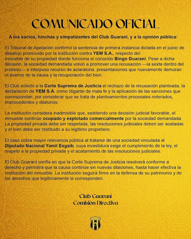 Comunicado oficial del Club Guaraní en colores negro y amarillo, con texto sobre la sentencia judicial en un fondo formal.