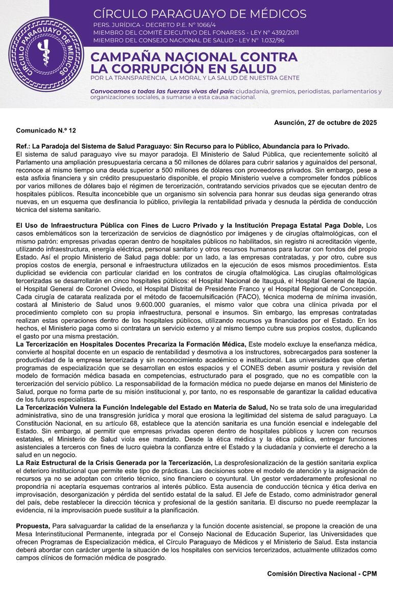 Comunicado del Círculo Paraguayo de Médicos, en el marco de la Campaña Nacional contra la corrupción.