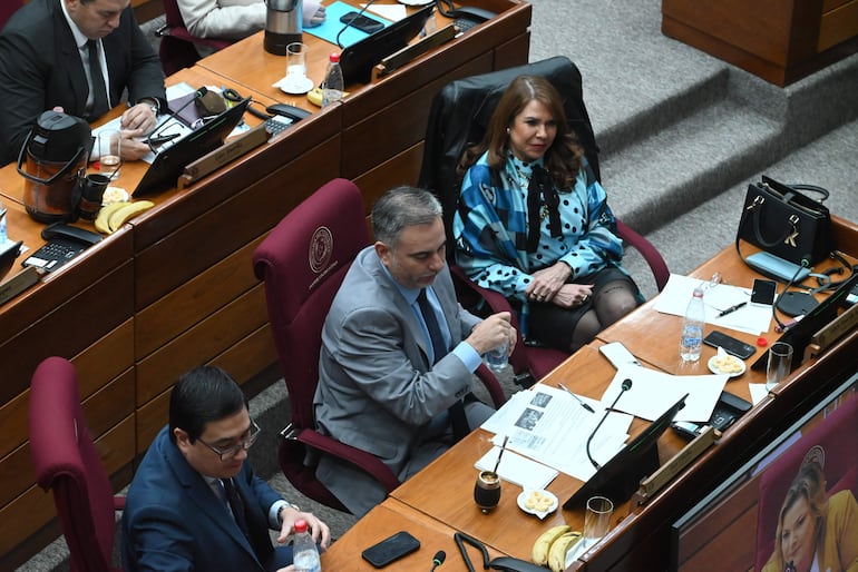 Leite en camisa celeste y saco gris, mientras Villalba y Delgado observan con atención en recinto legislativo.