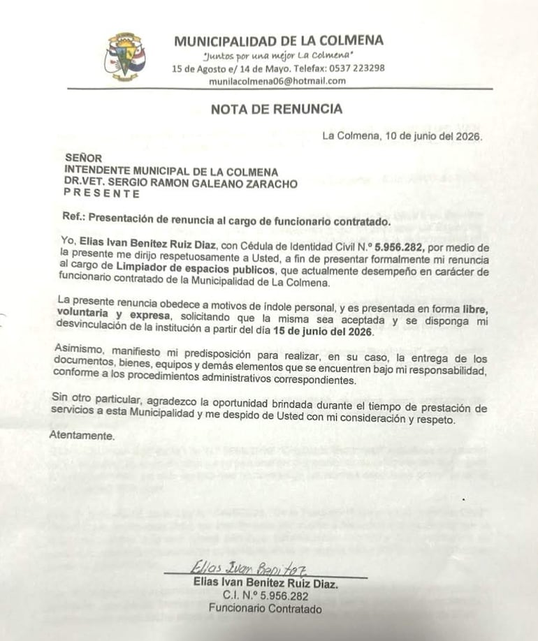 Elías Benítez habría presentado el 10 de junio de este año su renuncia al cargo de funcionario municipal de La Colmena.