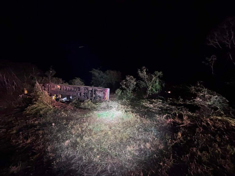 Autobús volcado parcialmente cubierto por vegetación en un entorno nocturno y rural, sin personas visibles.