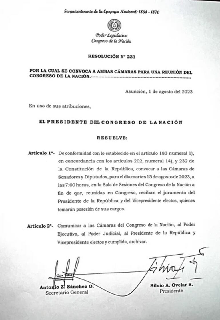 Convocatoria a sesión de ambas cámaras para la jura de Santiago Peña.