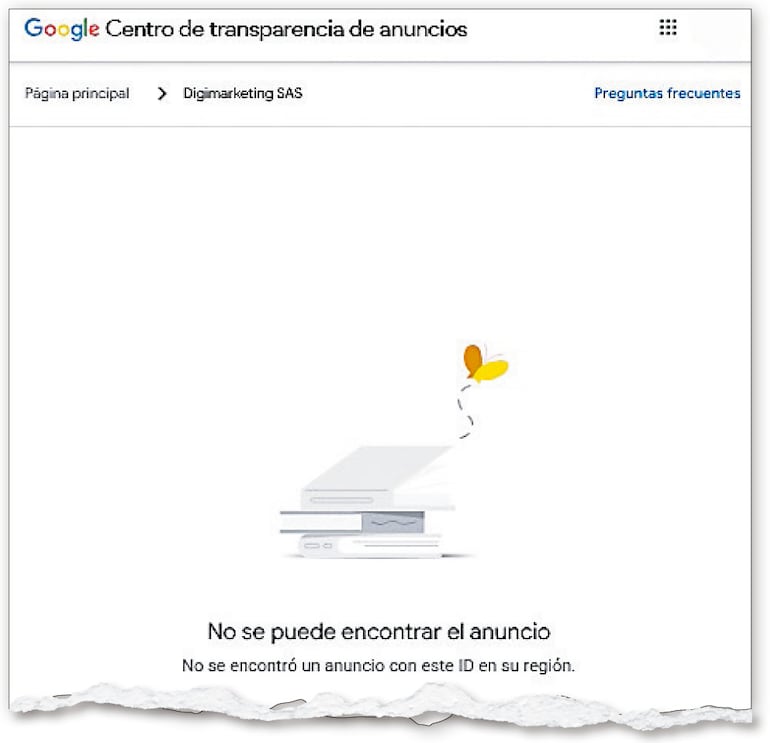 Google advierte que los anuncios ya no se pueden encontrar.