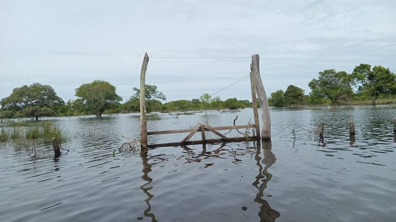 Paisaje inundado en Cerrito con un marco de madera rodeado de agua y árboles dispersos, bajo un cielo nublado.
