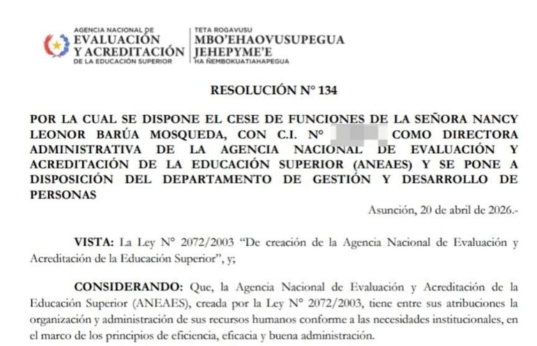 Documento oficial de resolución que informa el cese de funciones de Nancy Barúa Mosqueda en ANEAES, sin personas visibles.