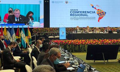 El titular del MAG, Ing. Santiago Bertoni, durante la conferencia regional de la FAO, en modalidad híbrida, desde Quito, Ecuador.