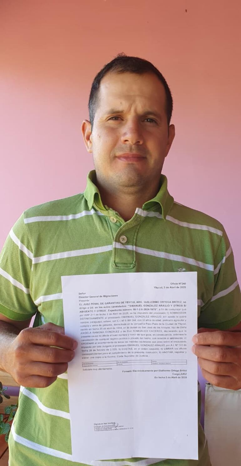 Emanuel González Araujo afirmó que él y otros dos imputados por el hecho de abigeato fueron sobreseídos en la causa.