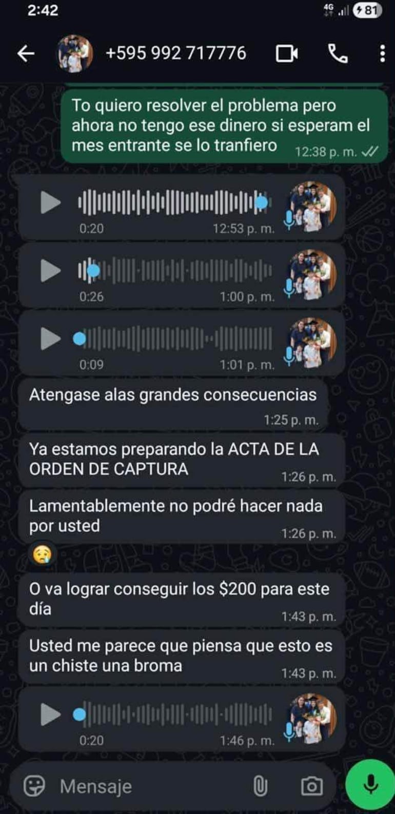 Captura de pantalla de conversación de WhatsApp sobre extorsión, sin personas visibles, con mensajes amenazantes.