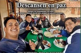 En el emotivo homenaje de Zona Nanawa en redes sociales a los trabajadores víctimas de la explosión fatal, se compartió la foto tomada a los cinco amigos un día antes de la tragedia, durante el almuerzo.