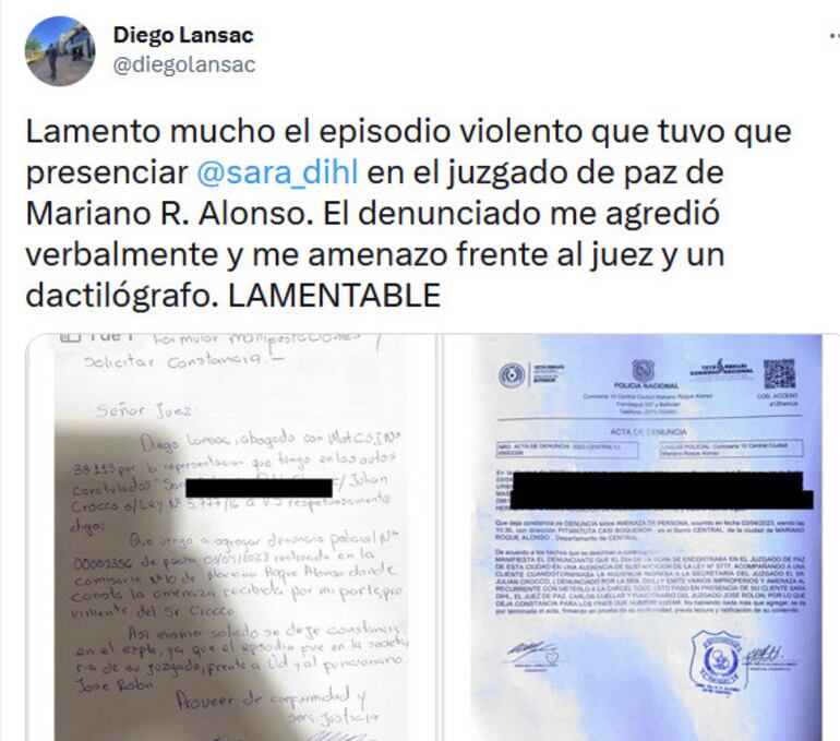 Denuncia pública del abogado Diego Lansac.