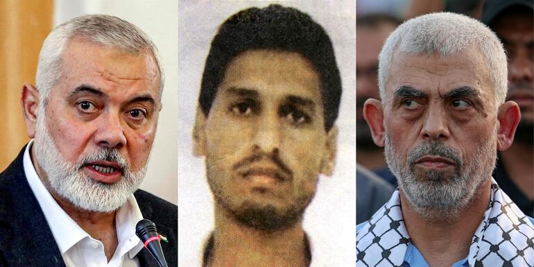 Combinación de fotos de AFP. Los líderes del movimiento palestino pro iraní anti israelí: Ismail Haniyeh, Mohammed Deif (C) y Yahya Sinwar (d). Todos fueron abatidos por el ejército de Israel.