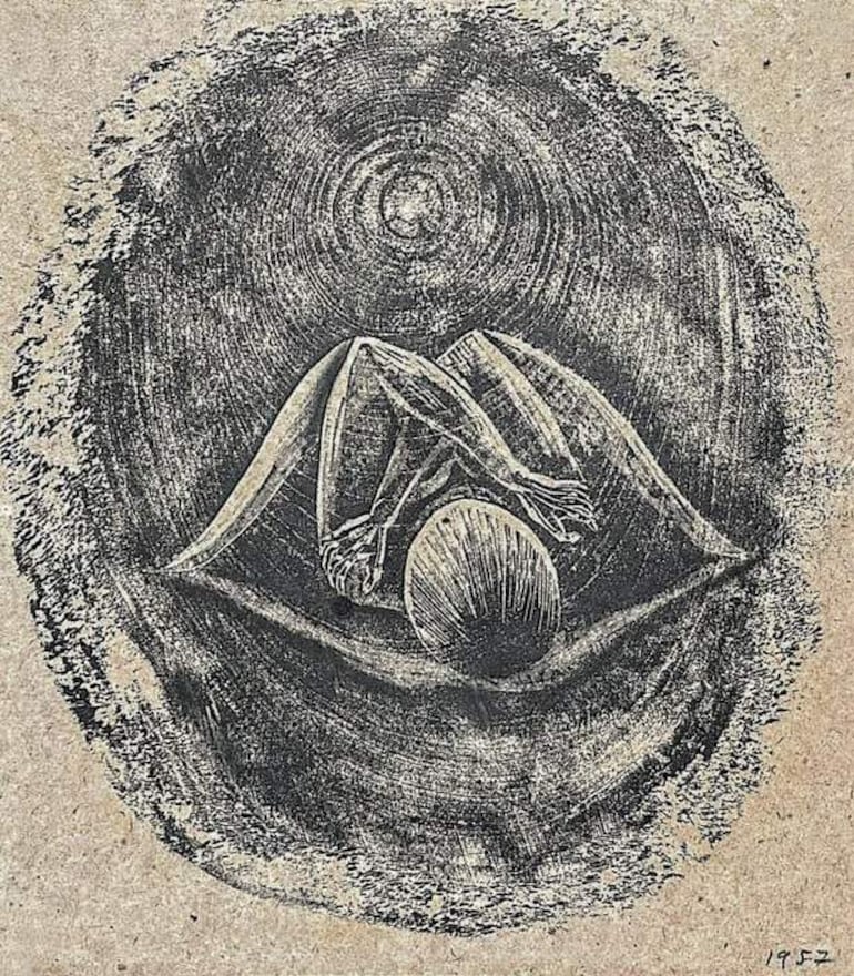 Obra de Lotte Schulz en la que una figura humana en posición fetal se destaca con líneas circulares sobre un fondo claro.