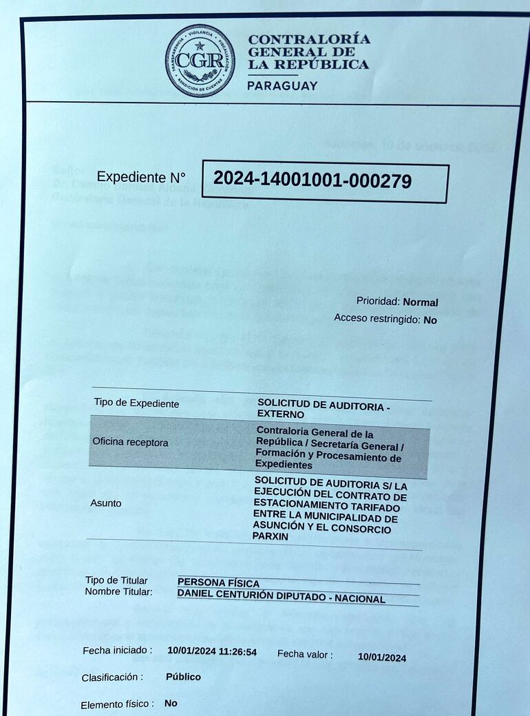 Documento del diputado Daniel Centurión presentado a la Contraloría General de la República.