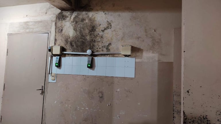 Interior de habitación con paredes deterioradas y moho, sin personas visibles en el ambiente sombrío.