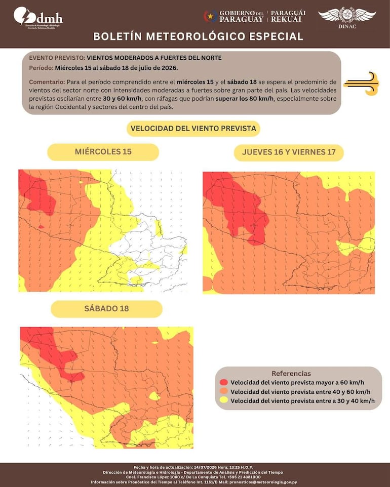 Boletín meteorológico con gráficos indicando vientos del norte, colores rojos y naranjas en el mapa, sin personas presentes.