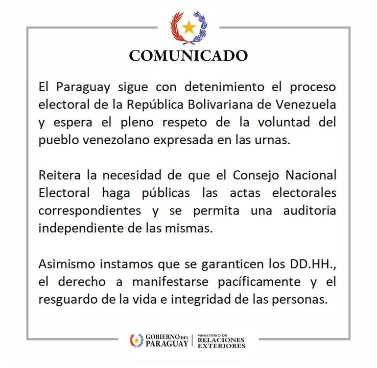 Comunicado del MRE de Paraguay sobre crisis en Venezuela por elecciones.