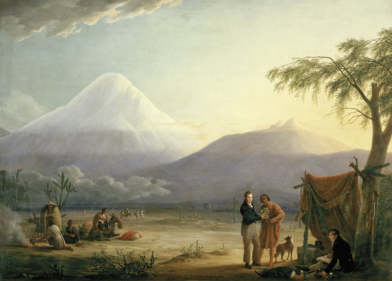 Alexander von Humbolt y Aimé Bonpland ante el volcán Chimborazo durante sus exploraciones por la América Meridional.