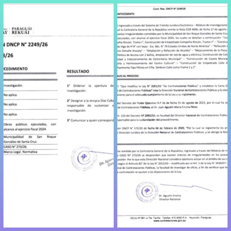 Resolución N.º 2249/2026 de la DNCP, que ordena investigar 12 obras de la Municipalidad de San Roque González.