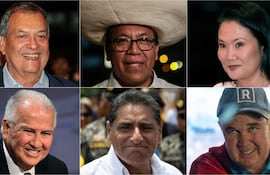 Los seis de los 35 candidatos a presidente de Perú. Arriba de iz. a derecha: Jorge Nieto, Roberto Sánchez (C) y Keiko Fujimori (d). Abajo: Alfonso López, Carlos Álvarez (C) y Rafael López Aliaga.