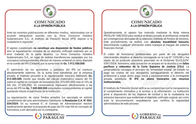 Comunicado del Instituto de Previsión Social (IPS) en el que niega el uso de fondos para el pago a abogado.