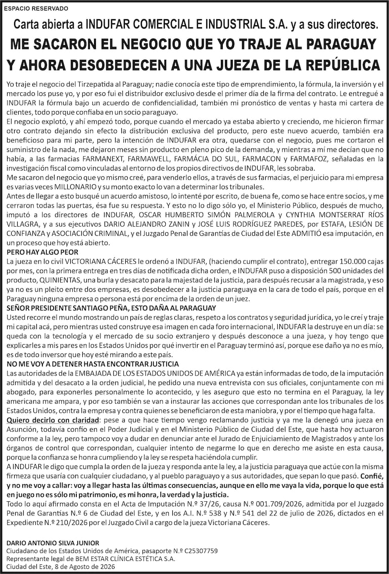 Carta abierta a Indufar.