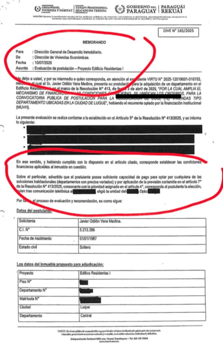 Documento del MUVH en el que consta que el senador cartista Javier "Chaqueñito" Vera eligió una unidad de uno de los departamentos de ubicado en la ciudad de Luque.