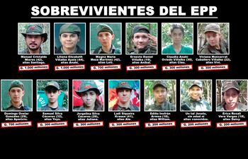 Arriba: Manuel Cristaldo Mieres, alias Santiago; Liliana Elizabeth Villalba Ayala, alias Anahí; Magna María Meza Martínez, alias Leti; Ernesto Daniel Villalba, alias Aníbal; Claudia Anahí Oviedo Villalba, alias Clau, y Viviana Monserrat Caballero Villalba, alias Vivi.
Abajo: Domingo Ovelar González, alias Aparicio; Samuel Silva Cáceres, alias Yoyo; Jorgelina Silva Cáceres, alias Juliana; Ladi Siqueira Krauze, alias Ale; Ediño Insfrán Armoa, alias William; un tal Joselo, y Érica Rosalí Vera Vargas, alias Daisy.