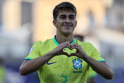 Gabriel Pirani de Brasil celebra su gol ante Ecuador hoy, en un partido del Torneo Preolímpico Sudamericano Sub-23 en el estadio Nacional Brígido Iriarte en Caracas (Venezuela). EFE/ Miguel Gutiérrez