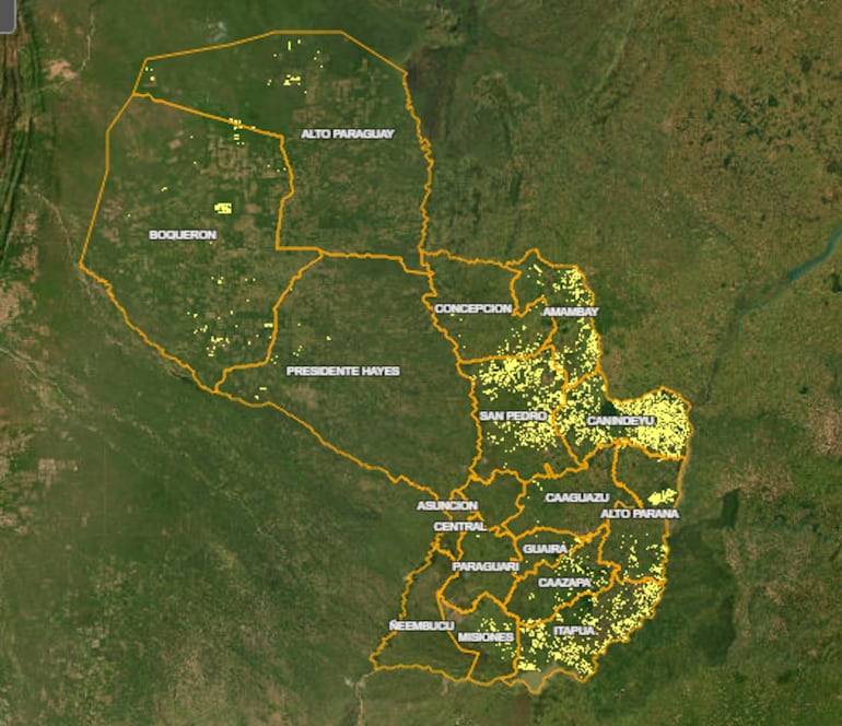 En amarillo, se observa las zonas tomadas por plantaciones de soja en Paraguay, según el visor del Infona.