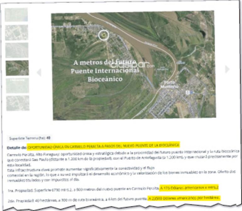 Los precios por hectárea y metro cuadrado son cotizados en dólares en la mayoría de los casos.
