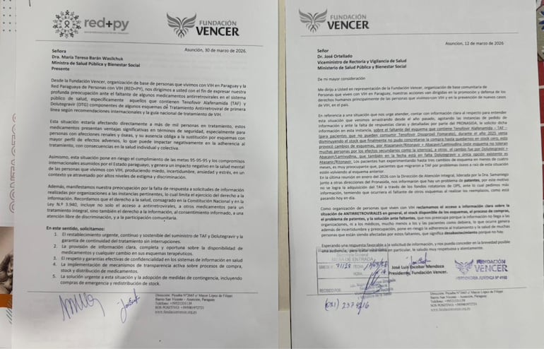 Notas remitidas al Ministerio de Salud ante la falta de medicamentos para el tratamiento de VIH.