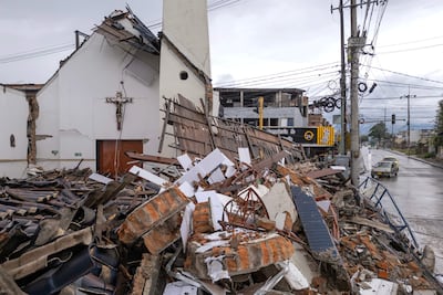 Vista aérea de la iglesia Jesús de la Buena Esperanza, gravemente dañada tras el terremoto de magnitud 7,4 que sacudió Pereira, Colombia, el 16 de agosto de 2026.